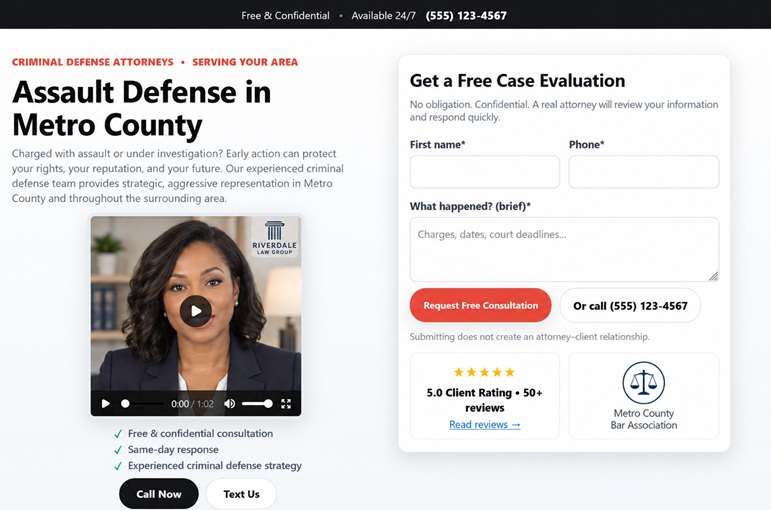 Example of a criminal defense Google Ads landing page emphasizing trust and urgency